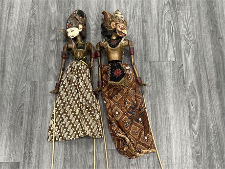 2 VINTAGE WAYANG HAND CARVED / PAINTED PUPPETS - 22” LONG