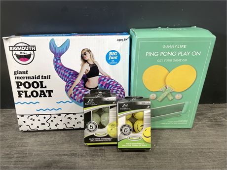 GIANT MERMAID FLOAT (USED) + NEW PING PONG SET WITH EXTRA BALLS