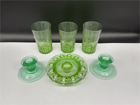 MCM URANIUM / GREEN GLASS CANDLE HOLDERS / 3 URANIUM GLASS CUPS