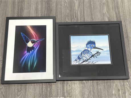 2 FRAMED BIRD PRINTS - 1 INDIGENOUS STYLE - LARGER IS 19” X 17”