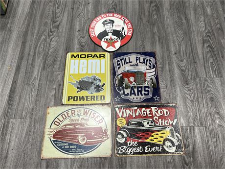 5 REPRODUCTION SIGNS - 4 METAL 1 WOOD - 16”x13”