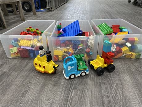 3 BINS OF LEGO DUPLO FIGURES AND ACCESSORIES