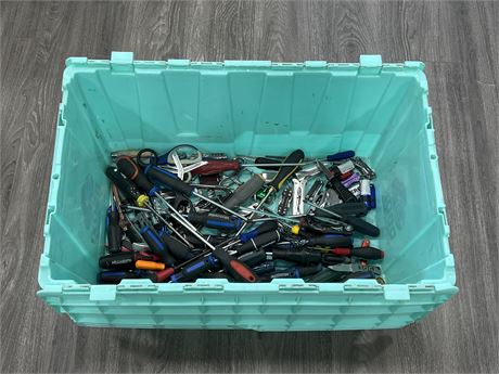 LARGE TOTE OF MISC TOOLS / KNIVES & ECT