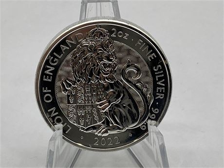 2 OZ 999 FINE SILVER LION OF ENGLAND COIN