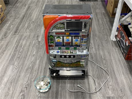 SLOT MACHINE WITH COINS & KEY - WORKS (32” tall)