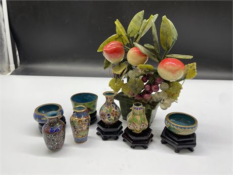 STONE CHINESE PEACH TREE & 7 CLOISONNÉ DISHES W/ STANDS