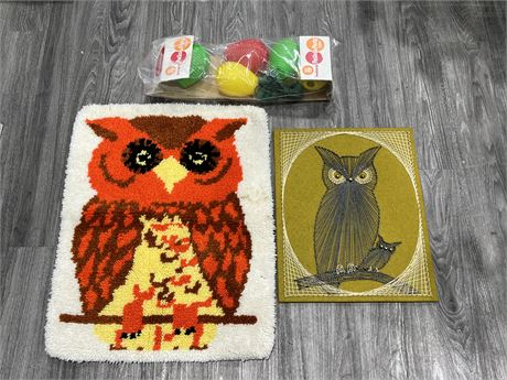 VINTAGE MCM OWL PICTURE 20”x16” + WOOL OWL RUG 29”x23” & NOS PATIO LIGHTS