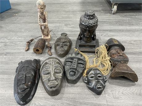LOT OF 8 WOODEN TIKI DECOR PIECES & BUDDAH HEAD STATUE (LARGEST IS 17”)