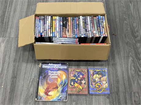 BOX OF MOSTLY ANIME DVDS & SOME OTHERS W/D&D GUIDE