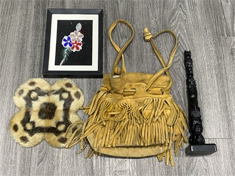 VINTAGE LEATHER BAG, SEAL SKIN, BOMA TOTEM, & BEADED PICTURE (7”X9”)