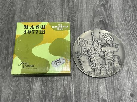 COLLECTOR “MASH” PLATE W/ COA & 1976 COMMEMORATIVE PEWTER LARGE COIN (9”)