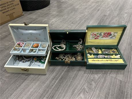 3 VINTAGE JEWELRY BOXES FILLED W/COSTUME JEWELRY
