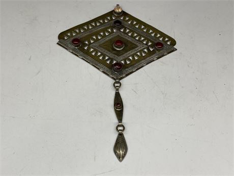 VERY LARGE EARLY PERSIAN PENDANT W/RED STONES (5.5” wide)