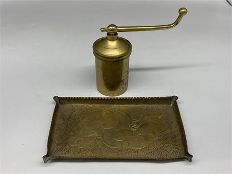 VINTAGE BRASS PASTA / PASTRY EXTRUDER & HAND HAMMERED TRAY