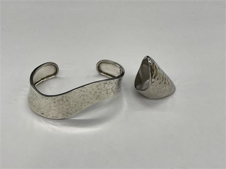 925 SILVER MEXICO HAMMERED BRACELET + RING (SIZE 8) 51.6 GRAMS