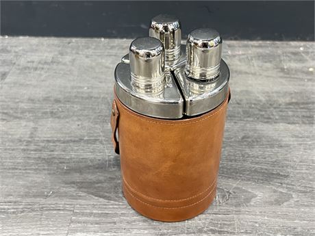 VINTAGE “MADE IN ENGLAND” TRIPLE FLASK IN LEATHER CASE