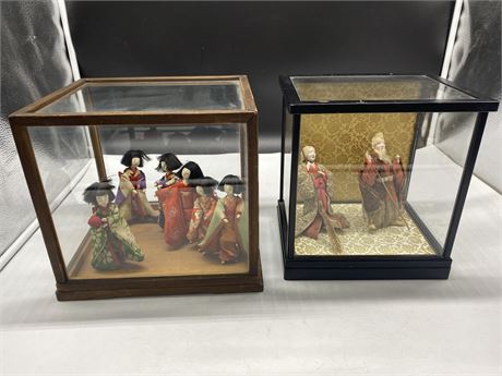 2 VINTAGE GLASS DISPLAY CASES WITH FIGURES LARGEST 10”x9”x10”