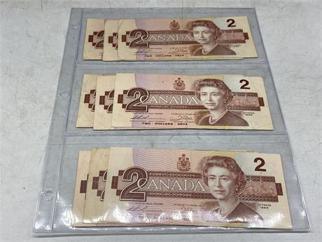 9 CANADIAN 2 DOLLAR BILLS