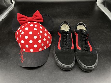 VANS MICKEY MOUSE SHOES (LADIES 7.5) + HAT