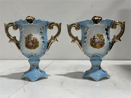 LOT OF 2 BLUE CERAMIC VASES MADE IN ITALY 10”