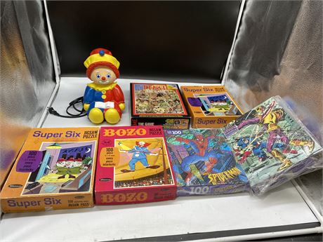 5 PUZZLES, BOARD GAME, & VINTAGE CLOWN