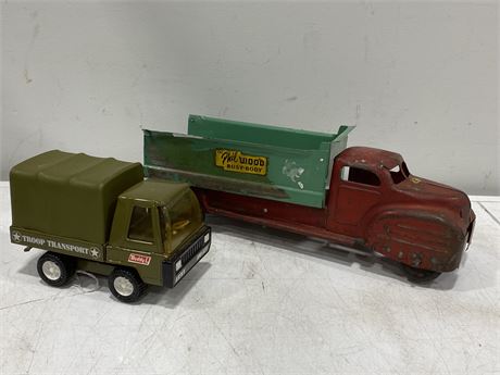 VINTAGE BUDDY L ARMY TRUCK & VINTAGE METAL LINCOLN TRUCK (15” LONG)