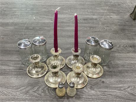 SILVER PLATED CANDLE HOLDERS W/2 CANDLES + 1960S RESTAURANT SUGAR CONTAINERS 6”