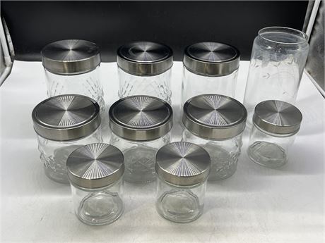 10 GLASS KITCHEN CANISTERS - ALL WITH LIDS EXCEPT ONE