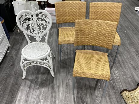 WHITE WICKER CHAIR & 3 WOOVEN / METAL CHAIRS