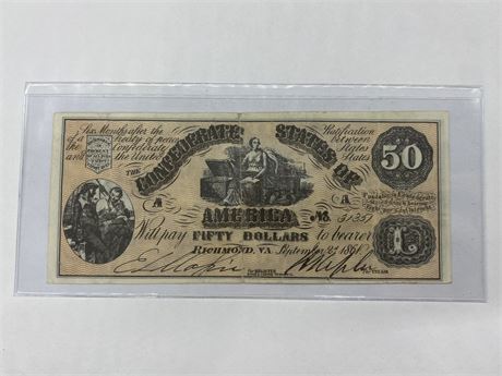 REPRODUCTION 1950'S-60'S CONFEDERATE STATES OF AMERICA FIFTY DOLLAR BILL