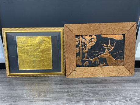 2 FRAMED GOLD & COPPER PAINTINGS (gold - 22”x18” copper - 25”x19”)