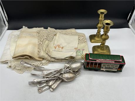 VINTAGE LOT - LINEN, PLATED CUTLERY, TRAIN, ETC