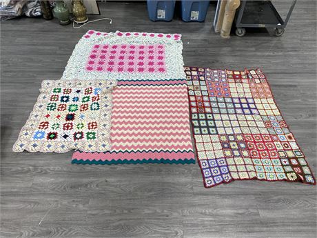 4 VINTAGE HAND MADE CROCHET LAP QUILTS (LARGEST IS 35”X58”)