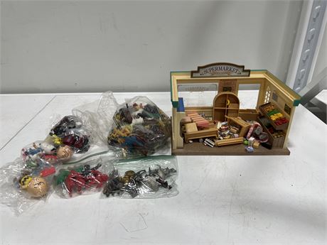 ASSORTED TOY FIGURES, SOLDIERS, ETC & CALICO CRITTERS SUPERMARKET COMPLETE