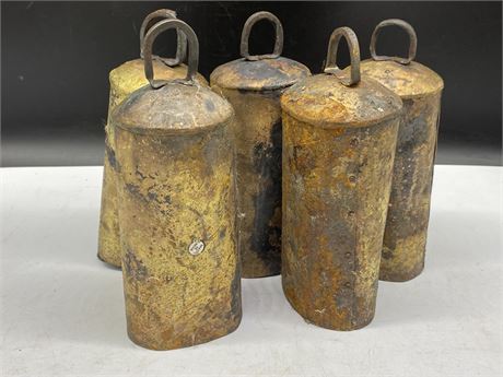 LOT OF 5 VINTAGE HAND-MADE COWBELLS (9” TALL)