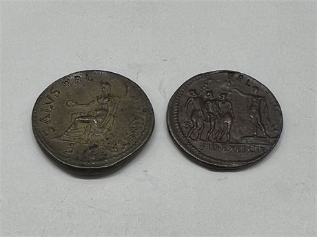 2 ANCIENT LOOKING COINS - AUTHENTICITY UNKNOWN