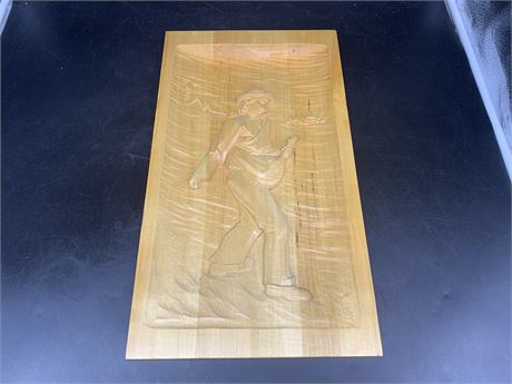 HAND CARVED WOOD FARMER CARVING (20”x11”)