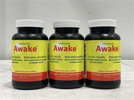 3 NEW SHIFT WORKERS HEALTH AWAKE CAFFEINE-FREE TABLETS (60 TABLETS / BOTTLE)