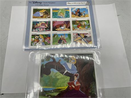 2 SHEETS DISNEY ALICE IN WONDERLAND COLLECTIBLE STAMPS W/COA