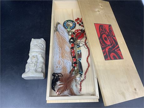 HAIDA DESIGN WOOD CASE W/CONTENTS & SOAPSTONE CARVING