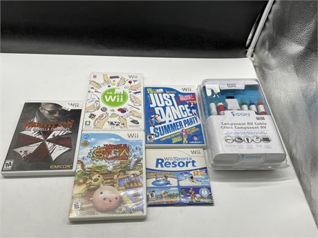 5 WII GAMES & NEW COMPONENT AV CABLE