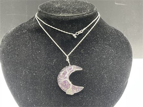 925 STERLING NECKLACE W/ AMETHYST MOON PENDANT (24”)