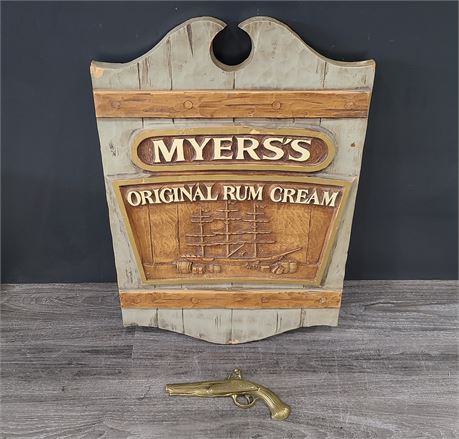 BRASS MUSKET WALL HANGER (9") & MYERS SIGN (25"x17")