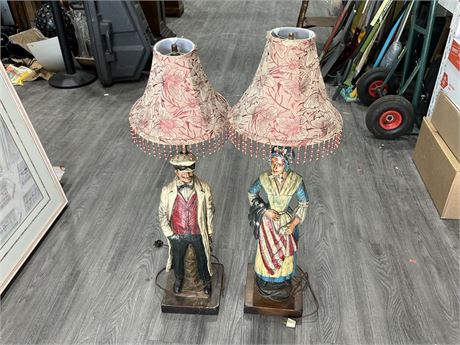 VINTAGE PAIR OF MATCHING MALE / FEMALE LAMPS W/ORIGINAL SHADES (3ft tall)