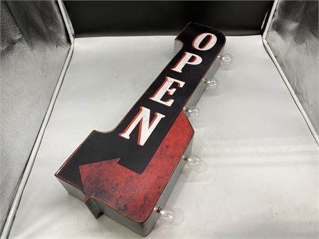 LIGHT UP DOUBLE SIDED OPEN TIN SIGN (Works, 30” long)