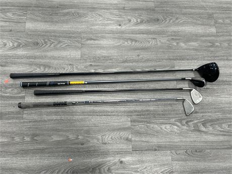 4 MISC. GOLF CLUBS - ASSORTED BRANDS - DRIVER, 2 WEDGES & HYBRID