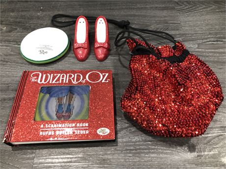 WIZARD OF OZ RUBY SLIPPERS SALT & PEPPER SHAKER, YELLOW BRICK ROAD STAND + BOOK