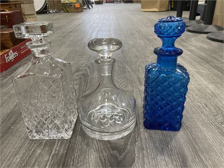 VINTAGE CRYSTAL, HEAVY GLASS + BLUE GLASS DECANTERS