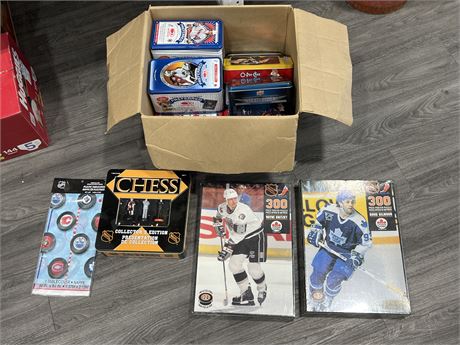 LOT OF NHL PUZZLES, EMPTY CARD TINS, CHESS SET, ETC