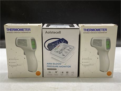 NEW AOLSTECELL ARM BLOOD PRESSURE MONITOR & 2 NEW INFRARED FOREHEAD THERMOMETERS